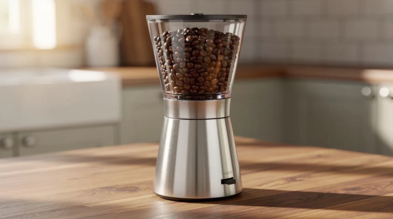 The image features a conical burr coffee grinder, specifically the Fellow Ode, with a clear hopper filled with whole coffee beans, all placed on a wooden kitchen countertop. This modern grinder is designed for various brew methods, allowing for precise grind size adjustments to enhance the flavor of your coffee.