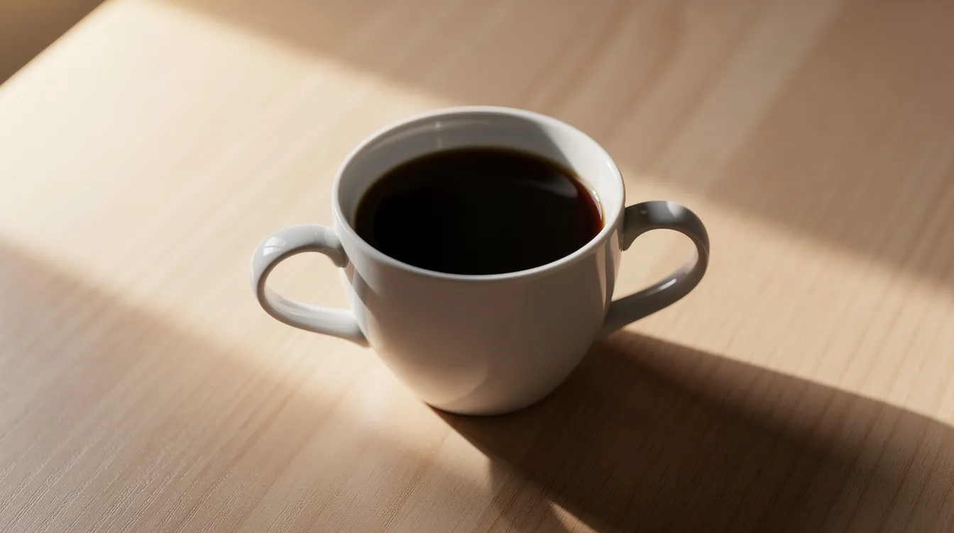 A single ceramic cup of black coffee sits on a light wooden table, illuminated by morning sunlight that casts soft shadows. This cup represents the best coffee to drink black, showcasing the rich, smooth taste that coffee lovers appreciate.