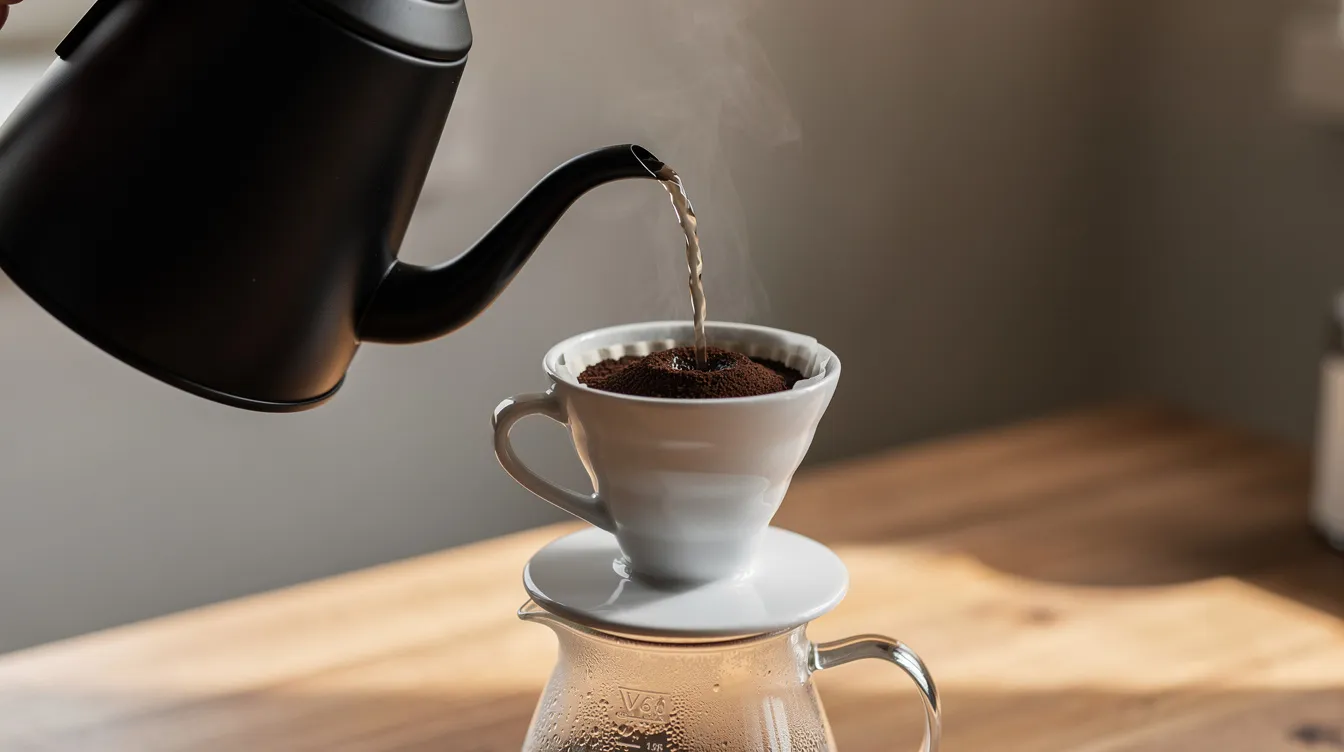 A gooseneck kettle is gracefully pouring water in a slow spiral over coffee grounds nestled in a ceramic dripper, highlighting the brewing process of light roast coffee. The scene captures the art of making coffee, emphasizing the use of freshly roasted beans to achieve a flavorful cup.