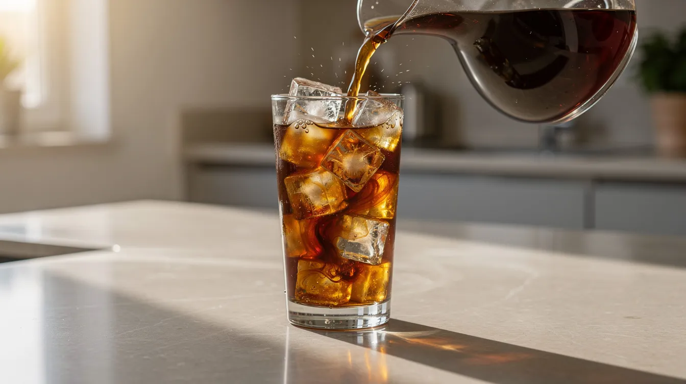 A glass carafe is pouring iced coffee over ice cubes into a tall, clear glass on a sunny countertop, creating a refreshing drink perfect for coffee lovers. This scene captures the essence of enjoying a cold brew instant coffee on a warm day, highlighting the rich flavor and vibrant appearance of the beverage.