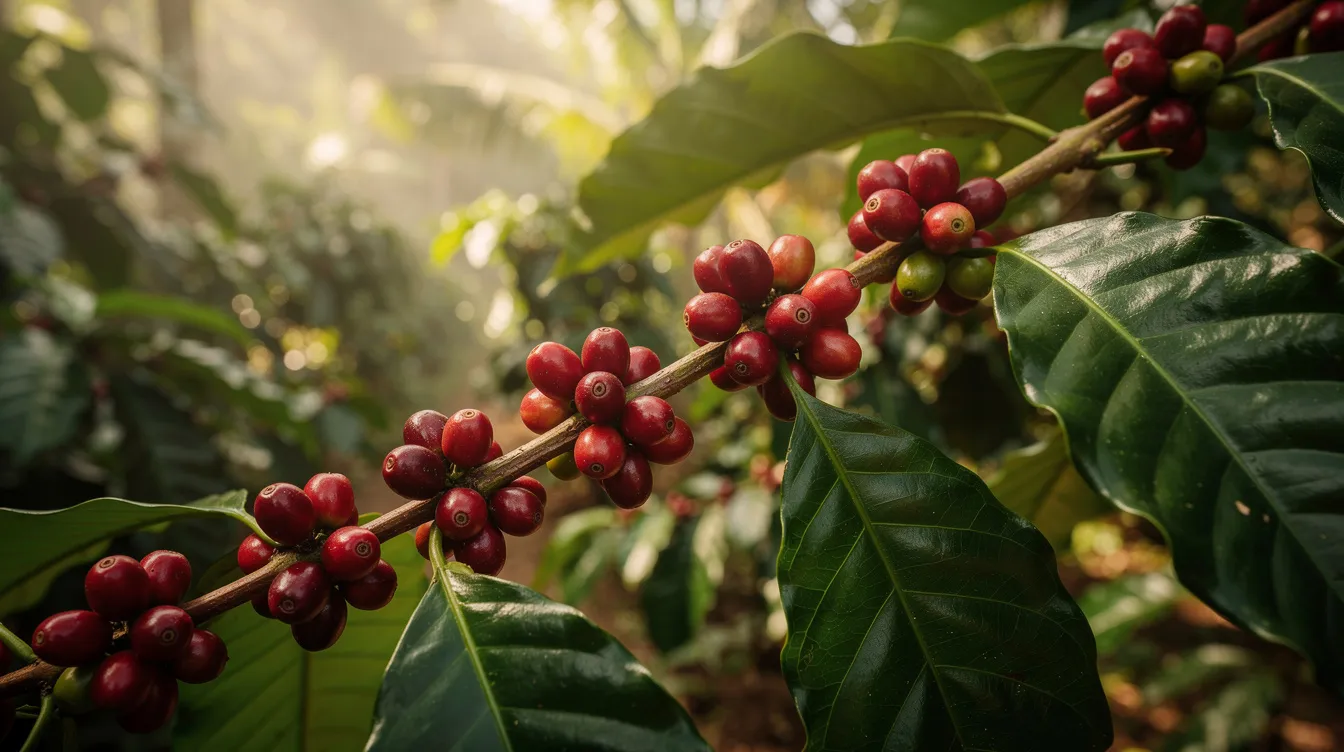 The image depicts ripe red coffee cherries on a coffee tree branch, surrounded by lush greenery in a tropical setting, highlighting the beauty of coffee production. These cherries are the initial stage in creating delicious coffee, showcasing the vibrant life cycle of coffee plants.