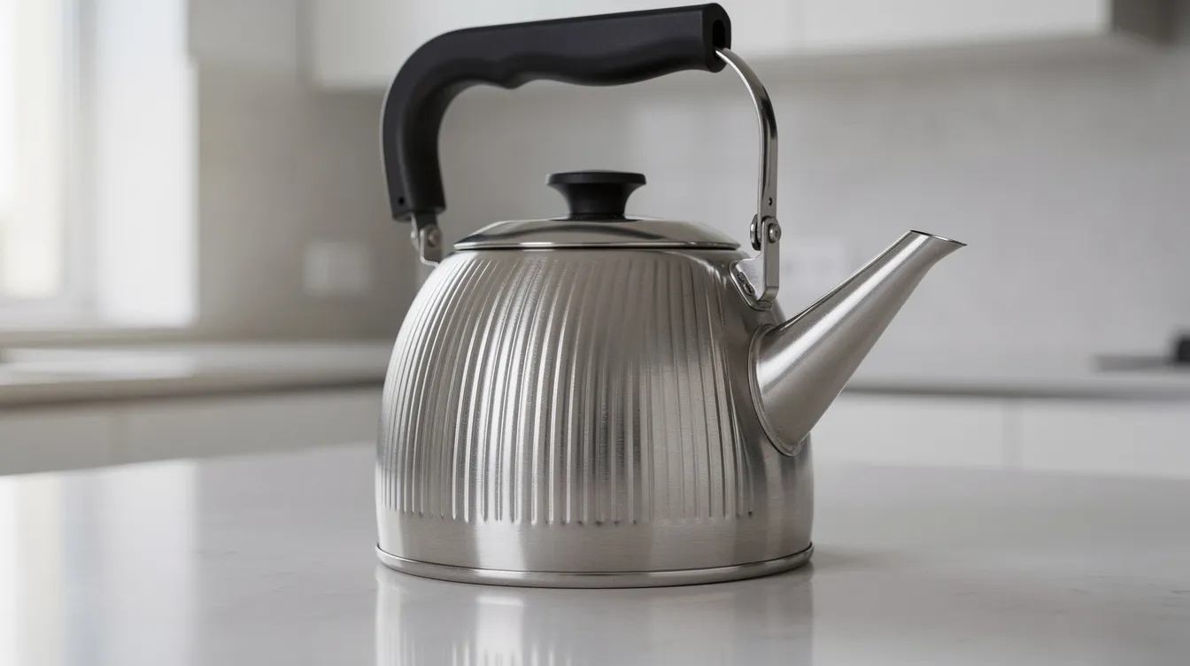 A classic ridged stainless steel stovetop gooseneck kettle with a black handle sits elegantly on a clean kitchen counter, showcasing its curved spout designed for precision pouring. This beautiful kettle is perfect for brewing pour over coffee or tea, offering the ideal combination of style and functionality.