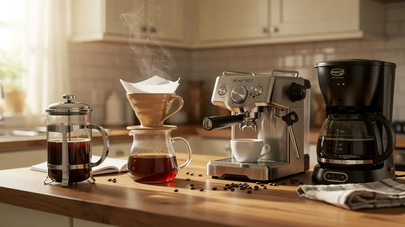 The image depicts a variety of coffee brewing equipment, including a French press, pour-over dripper, espresso machine, and drip coffee maker, all neatly arranged on a kitchen counter. This setup is ideal for coffee enthusiasts looking to explore different brewing methods and enjoy great tasting coffee made from fresh beans.