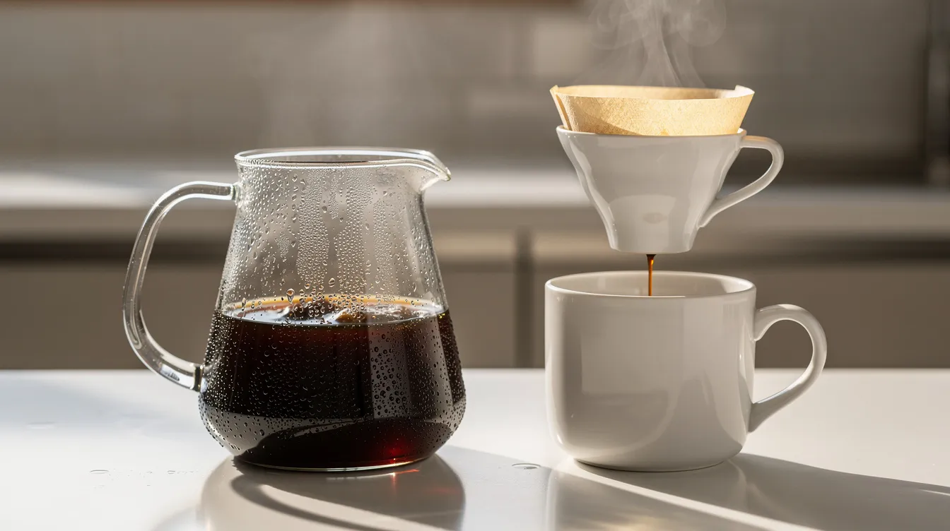 A glass pitcher filled with cold brew concentrate sits beside a steaming ceramic pour-over dripper on a kitchen counter, ready for coffee drinkers to enjoy a rich and smooth cup of morning coffee. The scene captures the essence of freshly brewed coffee, highlighting the contrast between the chilled concentrate and the hot brewing process.