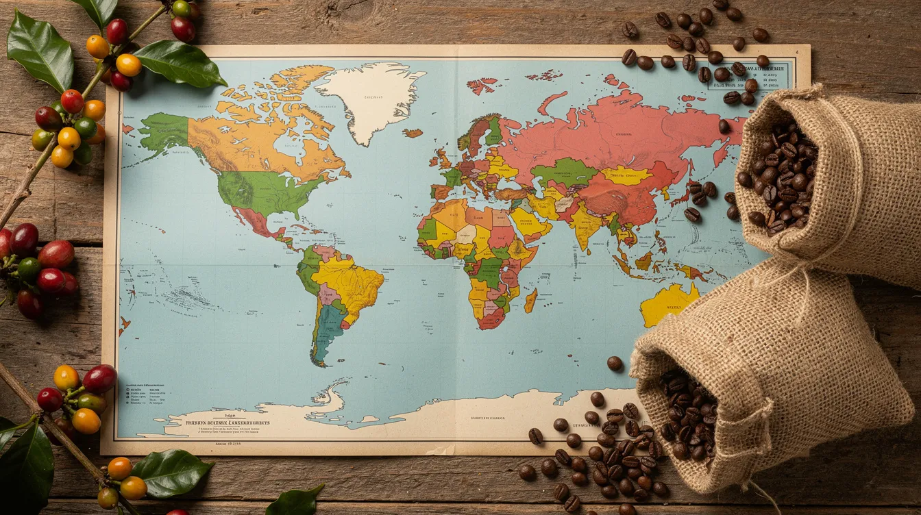 The image features a vibrant world map surrounded by coffee cherries and burlap sacks, symbolizing the journey of freshly roasted coffee from various regions. This colorful depiction highlights the diversity of coffee beans and the global nature of coffee subscriptions, appealing to coffee lovers and adventurous drinkers alike.