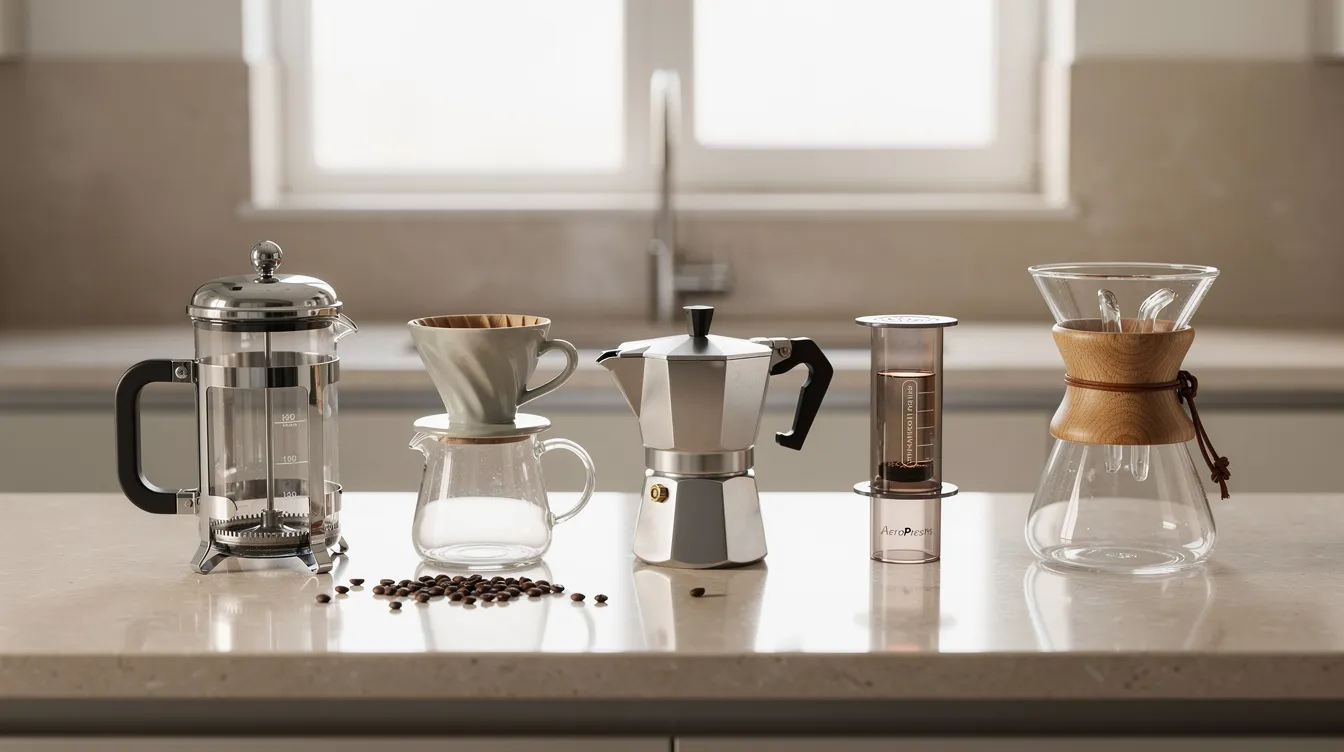 The image depicts a kitchen countertop featuring various manual coffee brewers, prominently displaying a French press and a pour over dripper side by side. This setup highlights different brewing methods, showcasing tools essential for coffee lovers to create a delicious cup of coffee, whether they prefer the immersion brewing of the French press or the precision of the pour over method.