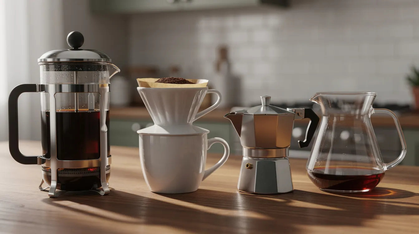 The image features a variety of coffee brewing devices on a wooden kitchen counter, including a glass French press, a ceramic pour-over dripper, a small stovetop moka pot, and a clear glass carafe, showcasing popular methods for brewing coffee at home. Each device is designed to enhance the brewing process, allowing for different styles and flavors of coffee drinks.