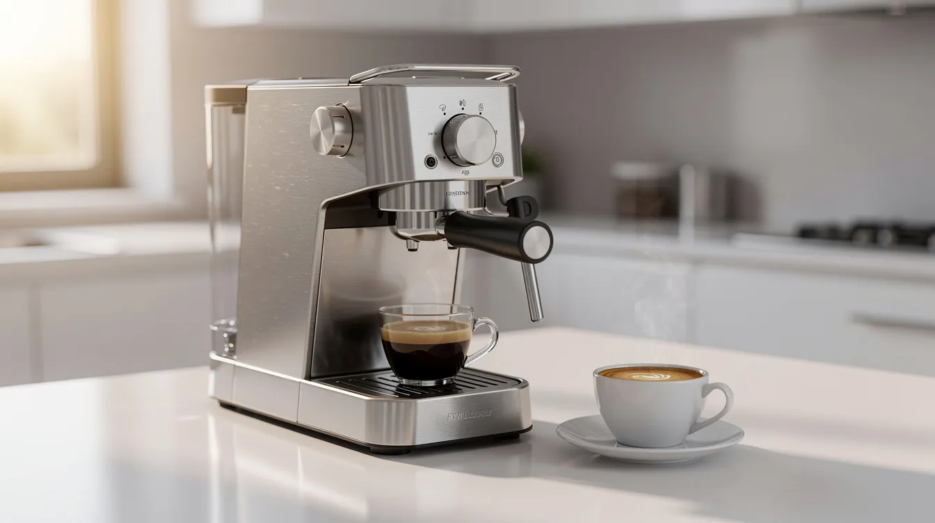 An espresso machine sits on a clean kitchen counter, showcasing its stainless steel finish, next to a small white cup filled with a double shot of rich espresso. This setup is ideal for espresso lovers looking for a compact espresso machine that delivers cafe quality espresso at home.