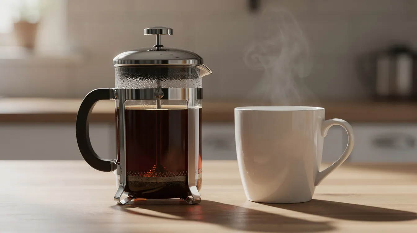 A French press filled with freshly brewed medium roast coffee sits on a kitchen counter next to a ceramic mug, inviting coffee enthusiasts to enjoy a rich morning brew with complex flavors. The scene captures the essence of the coffee world, showcasing the beauty of roasted coffee beans in a simple yet elegant setting.