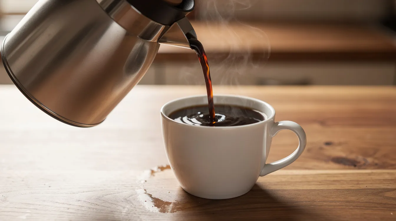 A close-up view shows dark coffee being poured from a thermal carafe into a white ceramic mug, set against a wooden counter. The rich liquid promises a great cup of fresh coffee, perfect for an afternoon pick-me-up.
