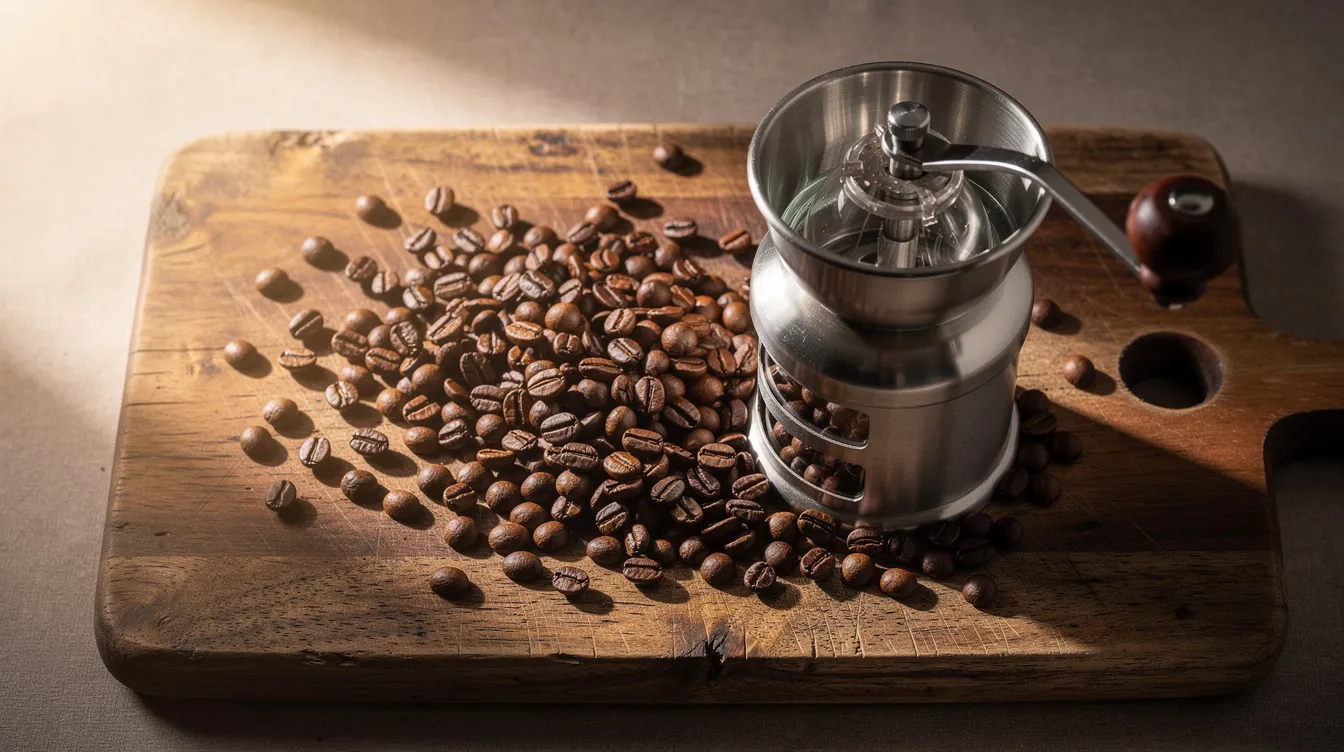 The image shows whole coffee beans scattered around a manual burr grinder placed on a wooden cutting board, emphasizing the coffee brewing process. This scene captures the essence of coffee lovers preparing for a fresh cup of delicious coffee.