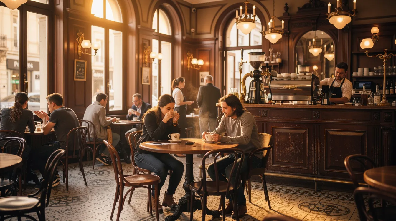 The image depicts a warm and inviting interior of a historic European-style coffee house, featuring wooden tables and arched windows, where people are gathered in lively conversation, reflecting the rich coffee culture and social significance of these gathering spots. This scene captures the essence of coffee houses as places where history and community intertwine over a fresh cup of specialty coffee.