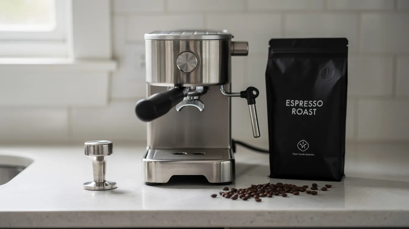 A compact home espresso machine sits on a small kitchen countertop, accompanied by a bag of coffee beans and a tamper. This setup is ideal for brewing delicious espresso and creating coffee drinks at home.