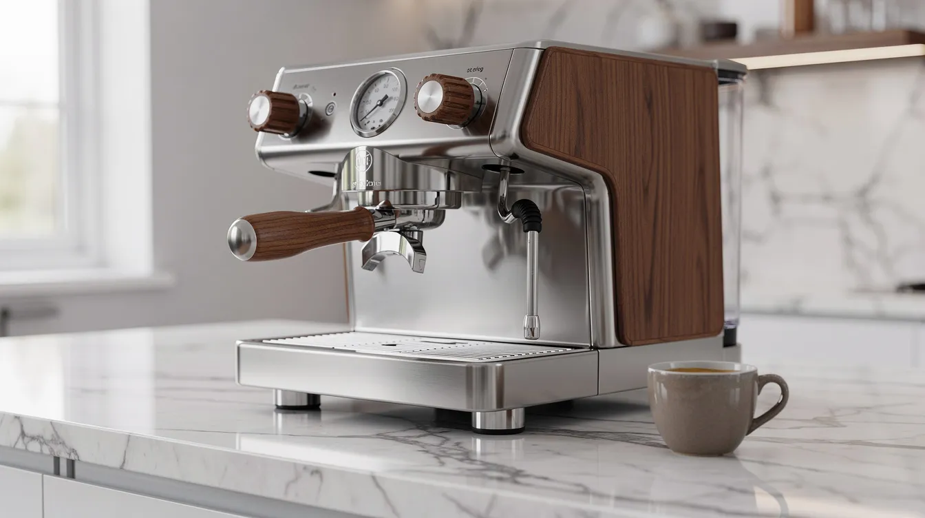 The image features a sleek prosumer dual-boiler espresso machine adorned with elegant wooden accents, positioned on a luxurious marble countertop. This high-quality espresso maker includes a rotary knob and is designed for home baristas seeking temperature stability and the ability to brew exceptional espresso, lattes, and cappuccinos.