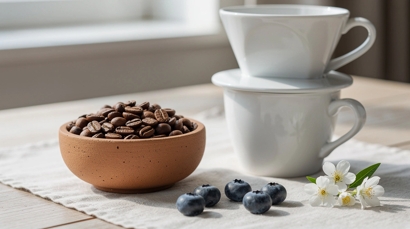 Clay bowl of light roast Ethiopian beans beside a ceramic pour-over with blueberries and jasmine flowers on linen.