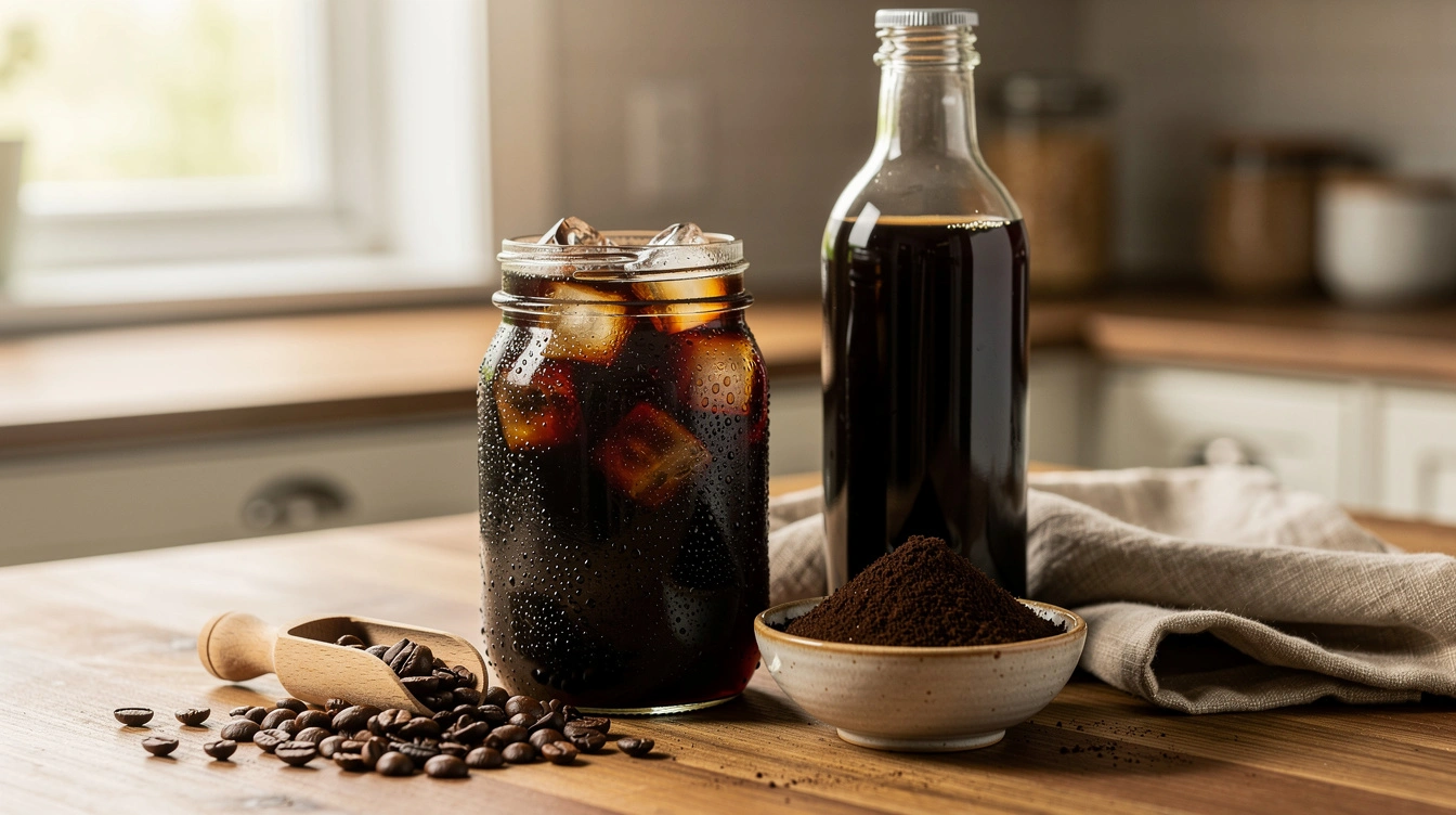 Mason jar of dark iced cold brew beside coarse grounds and roasted beans on a wooden kitchen counter.
