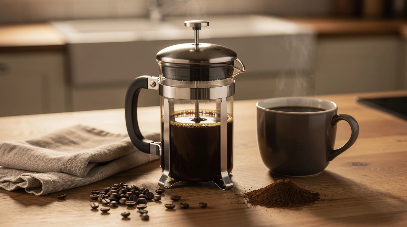 French press filled with dark coffee beside a mug of black coffee and roasted beans on a wooden counter.