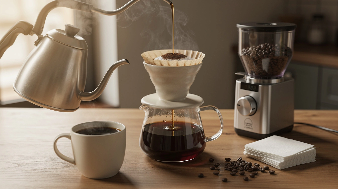 Pour-over dripper blooming ground coffee into a carafe beside a kettle and a mug of black coffee on a wooden counter.