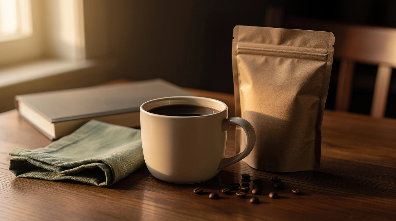 Evening mug of black coffee beside an unlabeled kraft bag of beans on a wooden table, suggesting decaf coffee.