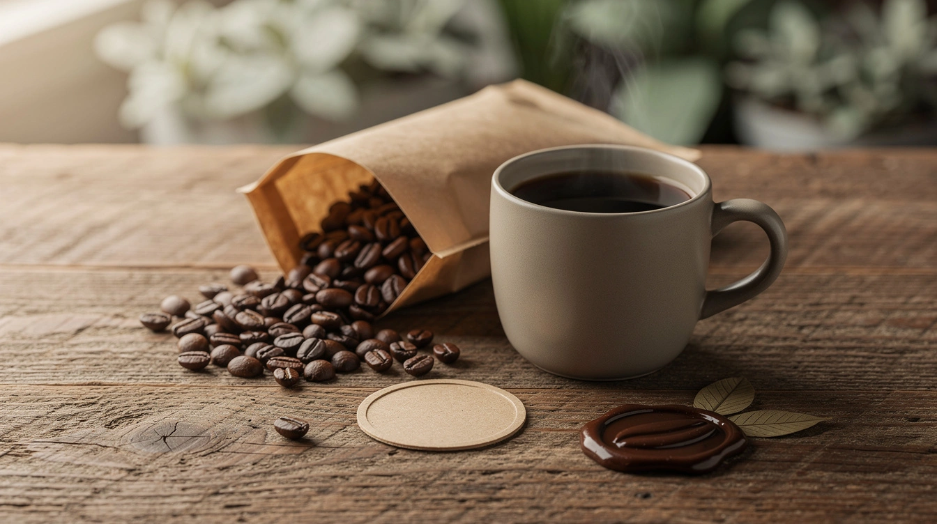 Roasted coffee beans and a mug of black coffee with greenery on a wooden table, suggesting fair trade coffee.