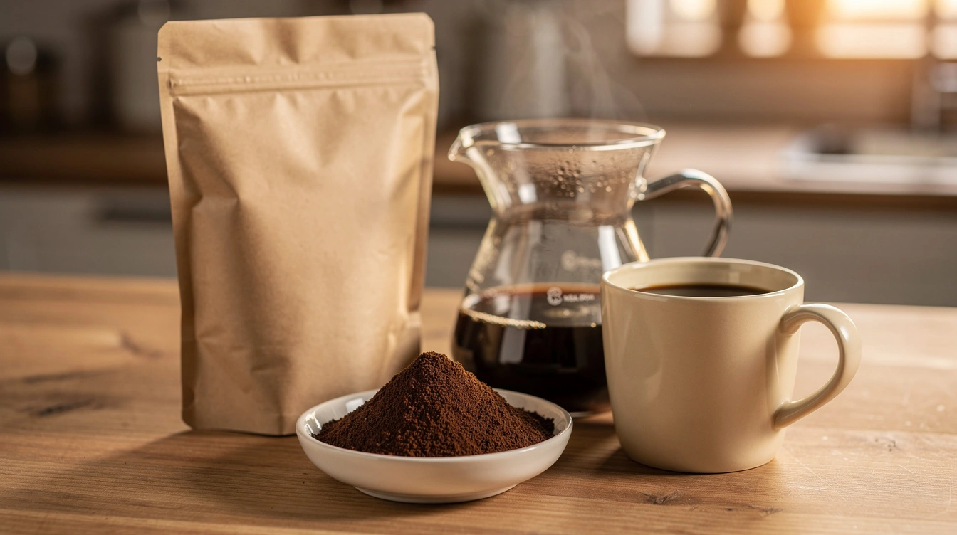 Scoop of fresh coffee grounds beside a drip carafe and a mug of black coffee on a wooden kitchen counter.