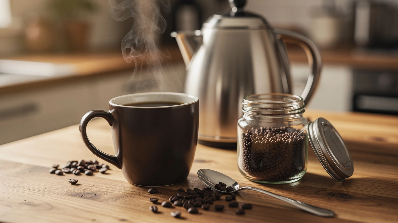 Mug of black coffee beside a jar of instant coffee granules and a kettle on a wooden kitchen counter.
