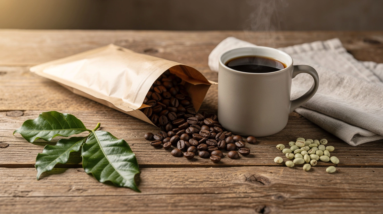 Roasted coffee beans, greenery, and a mug of black coffee on a wooden table, suggesting organic coffee.