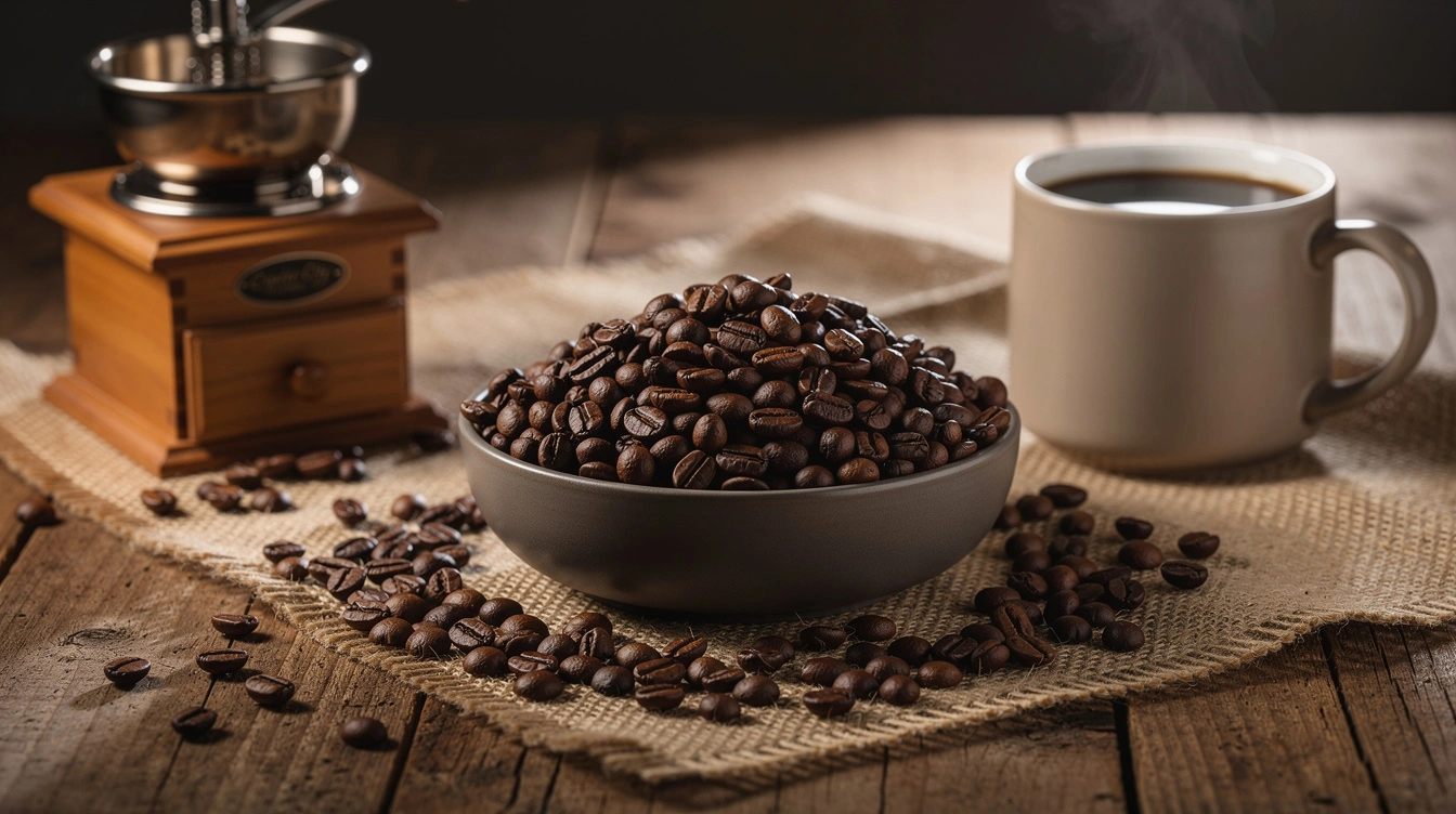 Bowl of glossy roasted whole coffee beans beside a grinder and a mug of black coffee on a wooden table.
