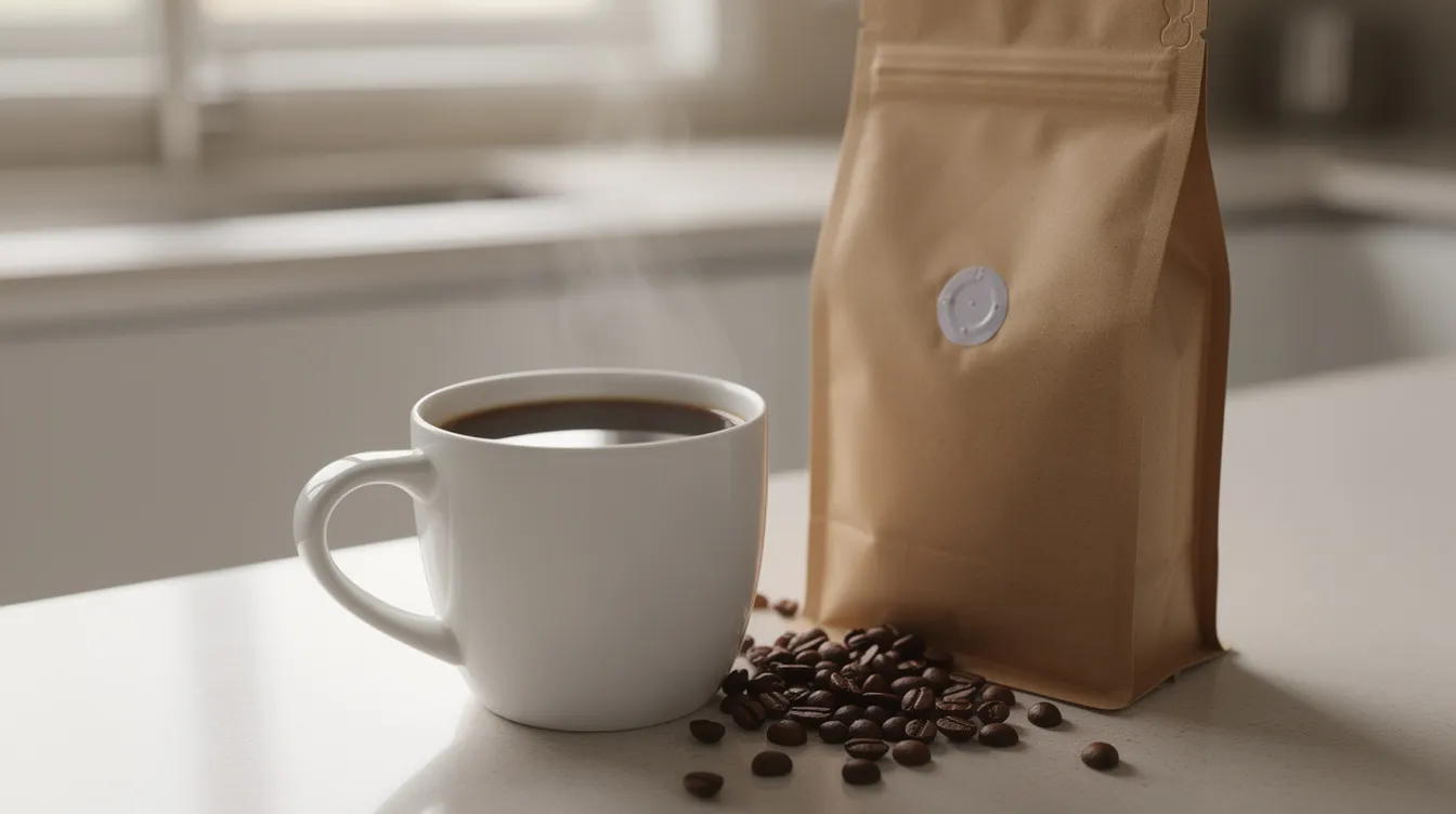 A freshly brewed cup of black coffee sits on a kitchen counter, accompanied by a bag of whole bean coffee featuring a degassing valve. The aroma of the dark roast fills the air, promising a rich flavor experience from the best coffee beans.