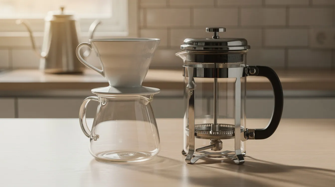 The image features a pour-over dripper and a French press placed side by side on a kitchen counter, with a kettle in the background, creating an inviting scene for coffee lovers. This setup highlights different brewing methods for enjoying specialty coffees, including the best single origin coffee options.