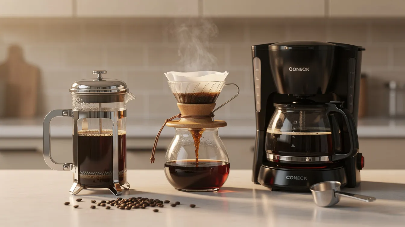 The image features a variety of coffee brewing devices on a kitchen counter, including a French press, a pour-over dripper, and an automatic drip coffee maker, all ready for making the perfect cup of coffee. Each device highlights different brewing methods, showcasing the versatility of coffee makers and the importance of coffee to water ratio for achieving great coffee.