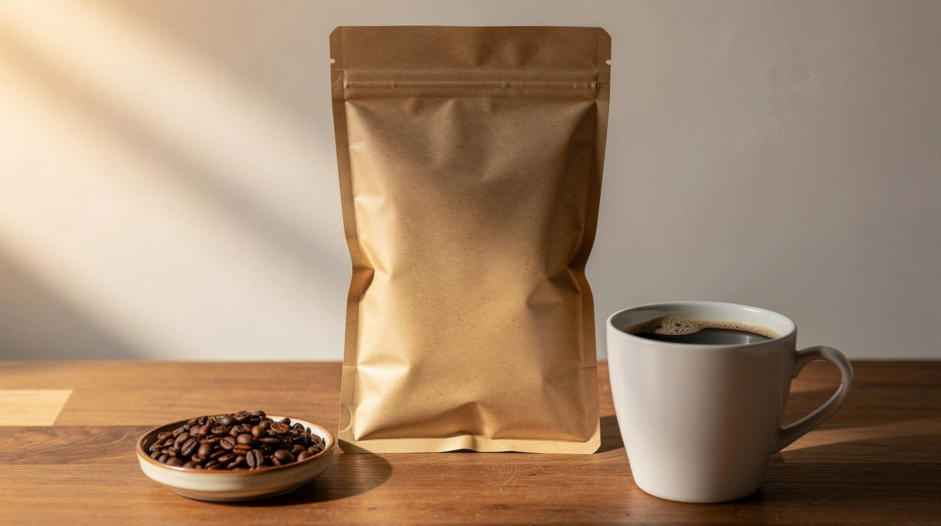 Unlabeled kraft bag of medium roast beans beside a pour-over dripper and a mug of black coffee on a wooden counter.