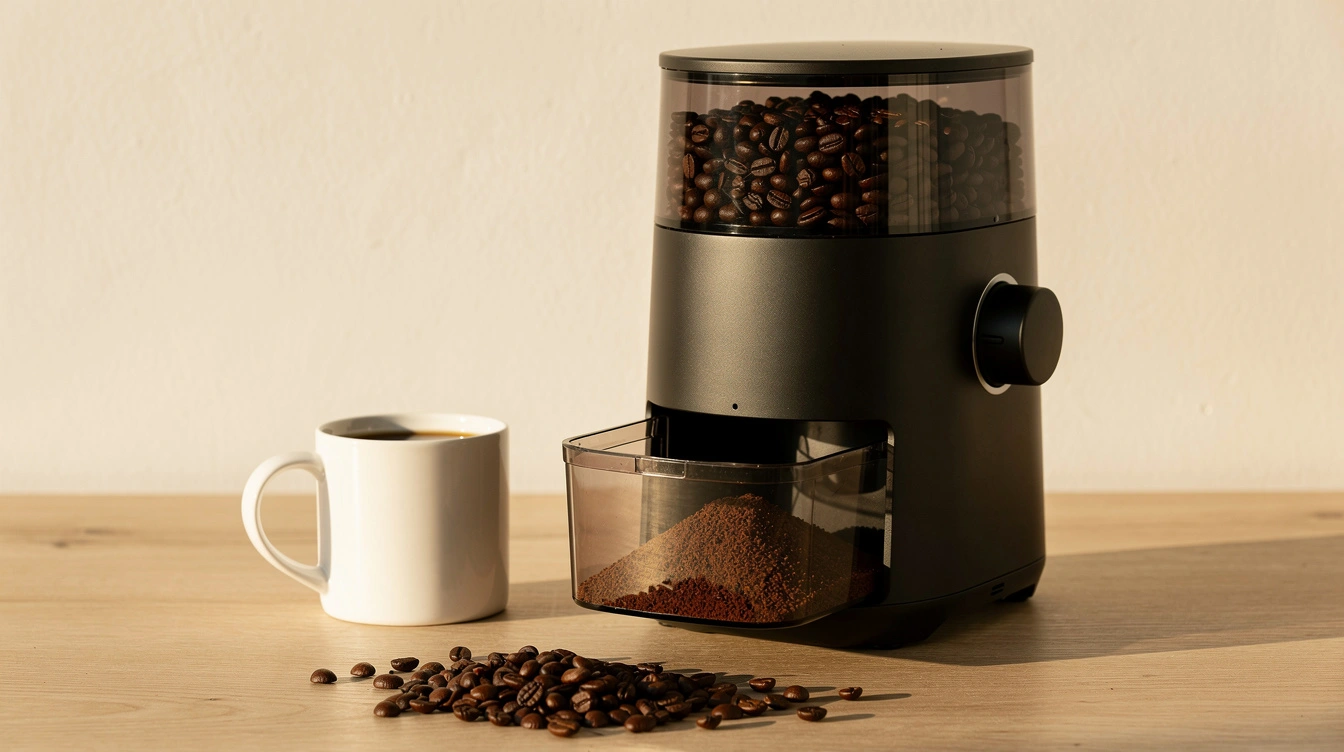 Black burr grinder with fresh grounds and whole beans beside a mug of black coffee on a wooden kitchen counter.