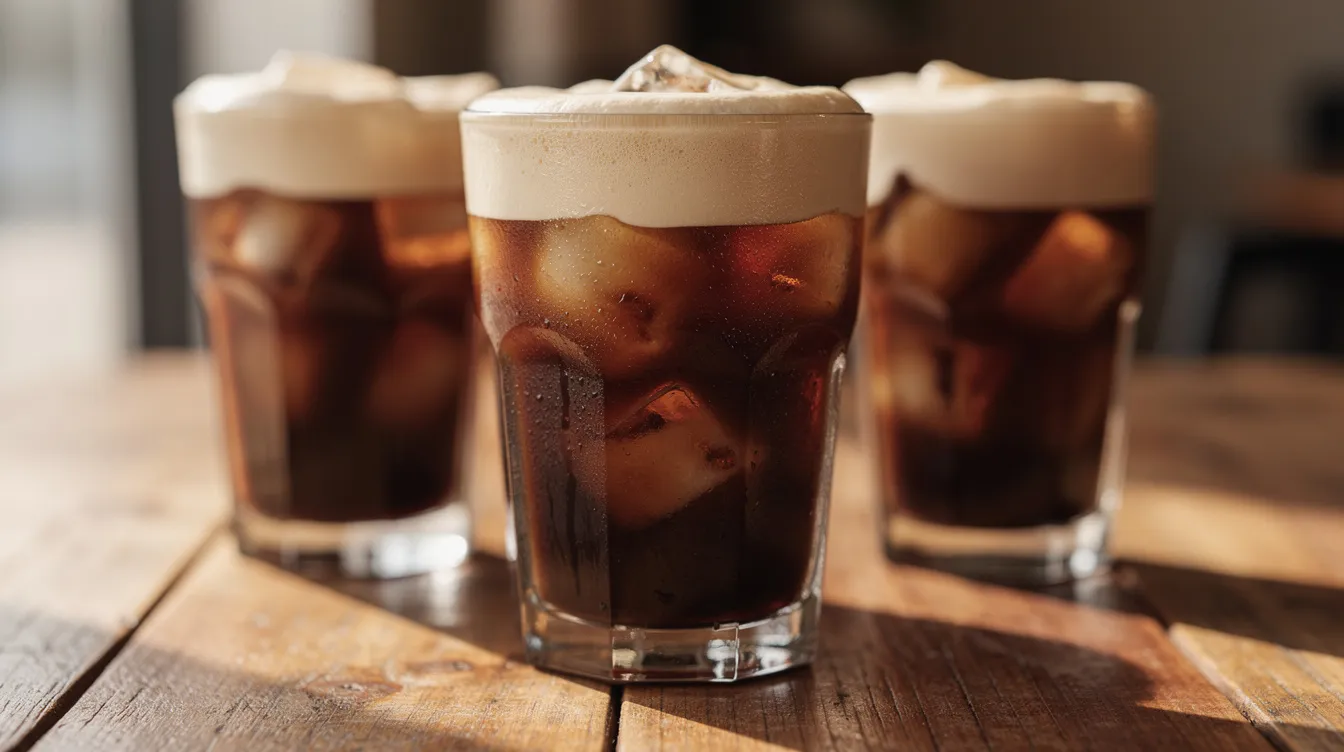The image features tall glasses filled with refreshing iced coffee, each topped with a layer of creamy cold foam, elegantly placed on a wooden table. This scene captures the essence of a luxe café experience, reminiscent of drinks crafted with precision from an espresso machine.