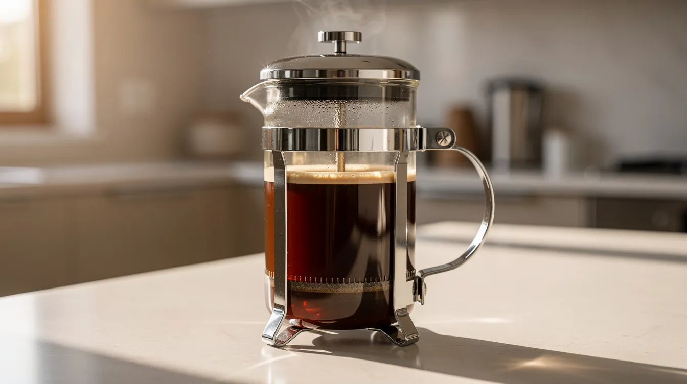 A glass French press sits on a sunlit kitchen counter, filled with freshly brewed dark coffee, showcasing the rich color and inviting aroma that coffee lovers crave. The scene highlights the brewing method that brings out the balanced flavor and nutty character of high-quality coffee beans.