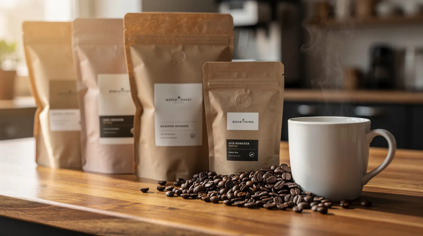 An assortment of bags filled with freshly roasted coffee beans is beautifully arranged on a wooden countertop beside a ceramic mug, showcasing the diversity of specialty coffee available for coffee lovers. The scene evokes the warmth and richness of high-quality coffee, perfect for those exploring coffee subscriptions or discovering new flavors.