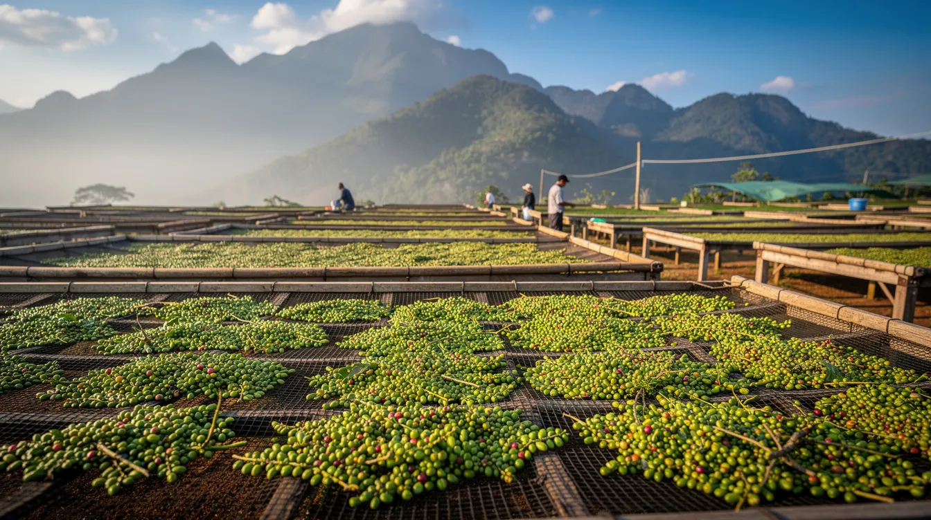 The image shows green coffee cherries drying on raised beds at a coffee farm, with majestic mountains in the background. This scene highlights the natural processing method used for specialty coffee, emphasizing the journey from cherry to the best light roast coffee beans.