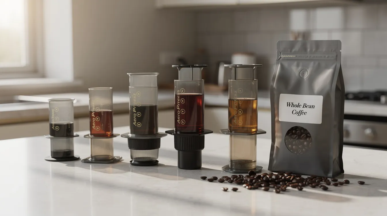 The image features several AeroPress models displayed on a countertop alongside a bag of freshly roasted coffee beans, highlighting the essentials for brewing delicious coffee. This setup appeals to coffee lovers eager to explore different brewing methods and enjoy a perfect cup of aeropress coffee.