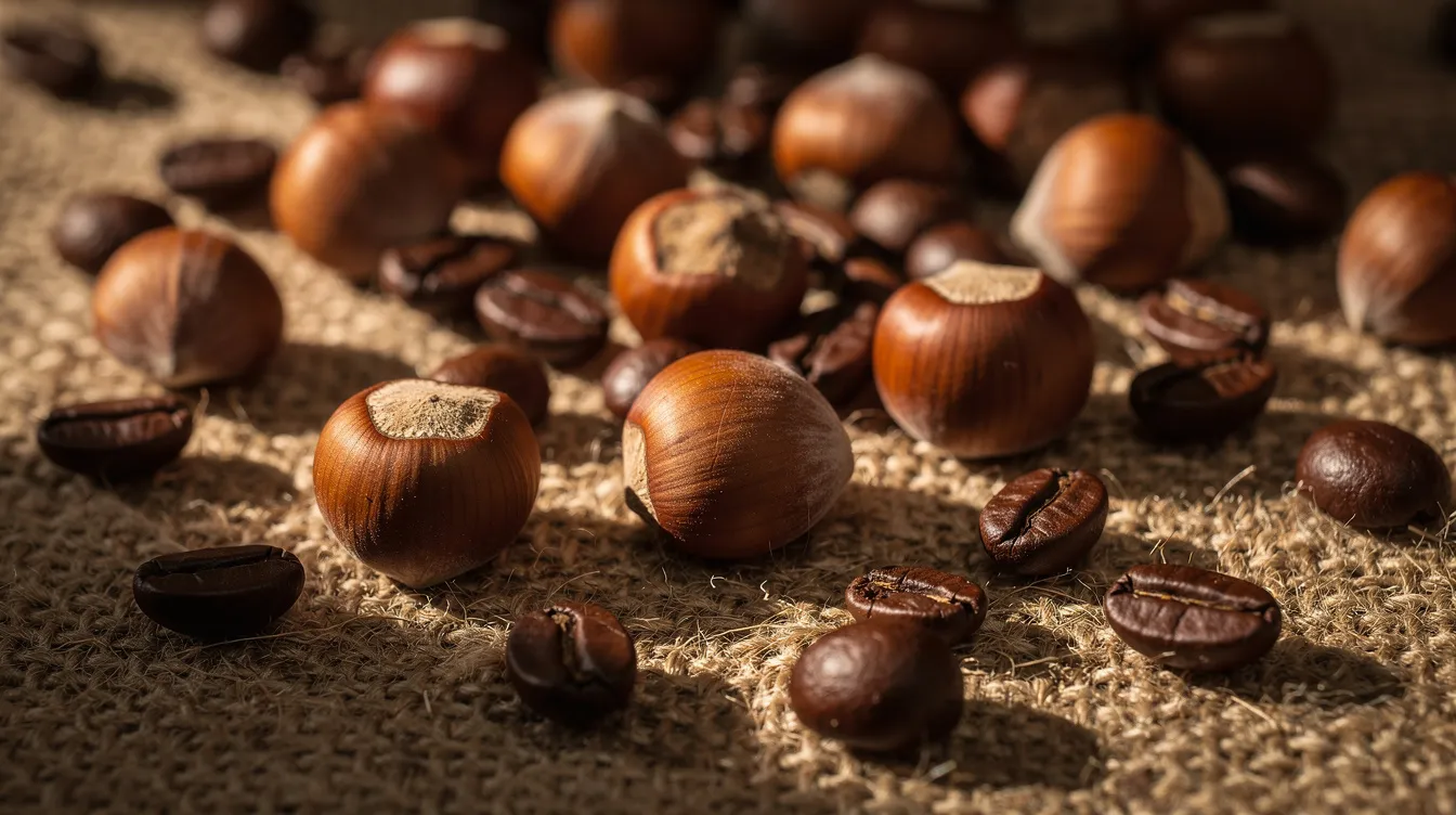 The image features whole hazelnuts scattered among dark roasted coffee beans on a rustic burlap surface, highlighting the rich textures and colors that appeal to coffee lovers. This visually enticing arrangement suggests a flavorful coffee blend, perfect for those seeking the best flavored coffee experience.