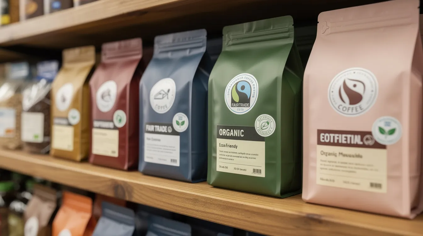 The image features various coffee bags with distinct certification seals, such as fair trade and organic, arranged neatly on a wooden grocery shelf. These certifications highlight the ethical sourcing of coffee, ensuring fair prices and sustainable practices for coffee farmers and their communities.