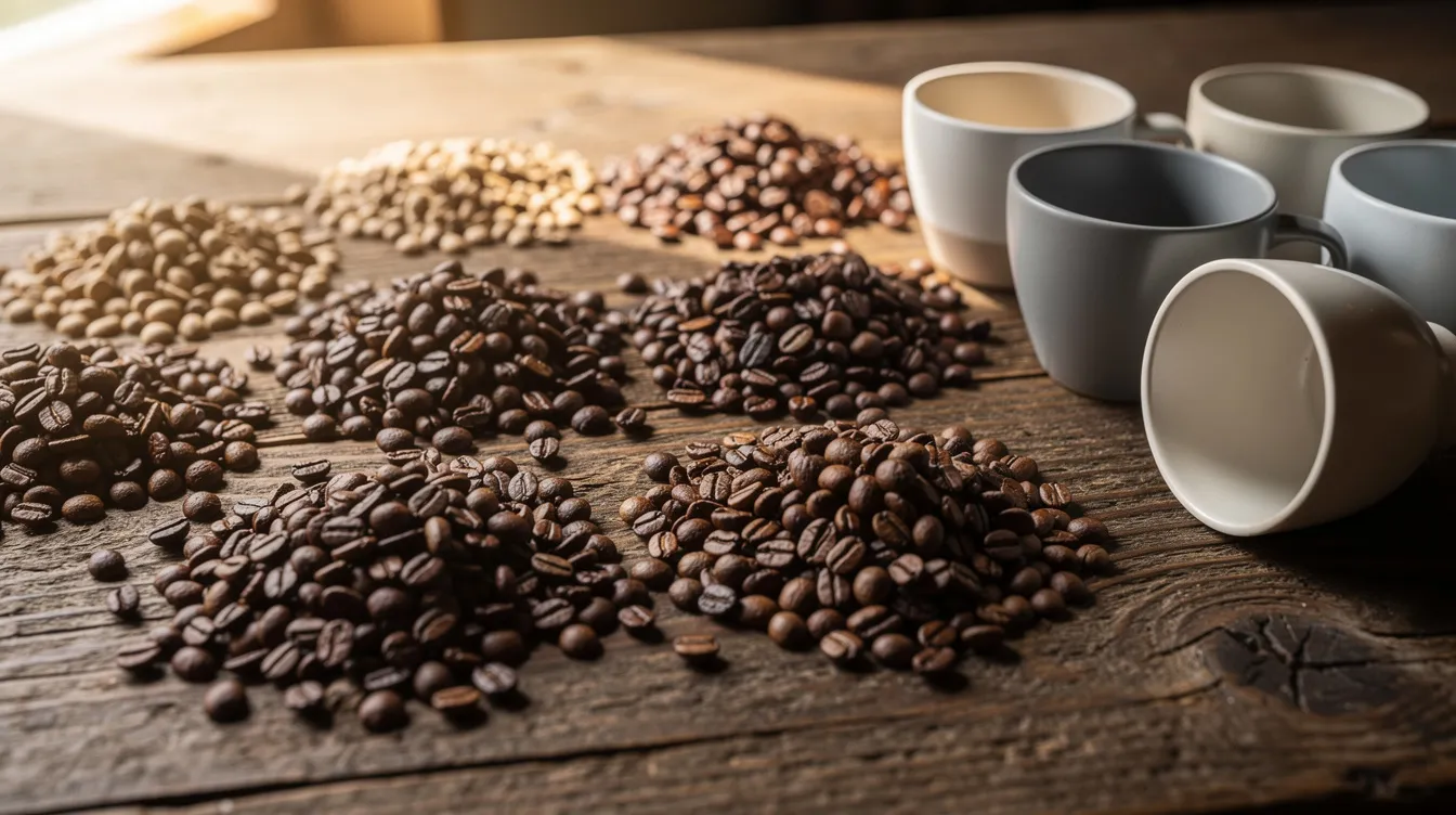 The image depicts a variety of freshly roasted coffee beans spread across a rustic wooden table, accompanied by small ceramic cups, inviting coffee lovers to explore different flavor notes. This scene highlights the beauty of whole bean coffee, perfect for those considering a coffee subscription service for exceptional, high-quality brews.