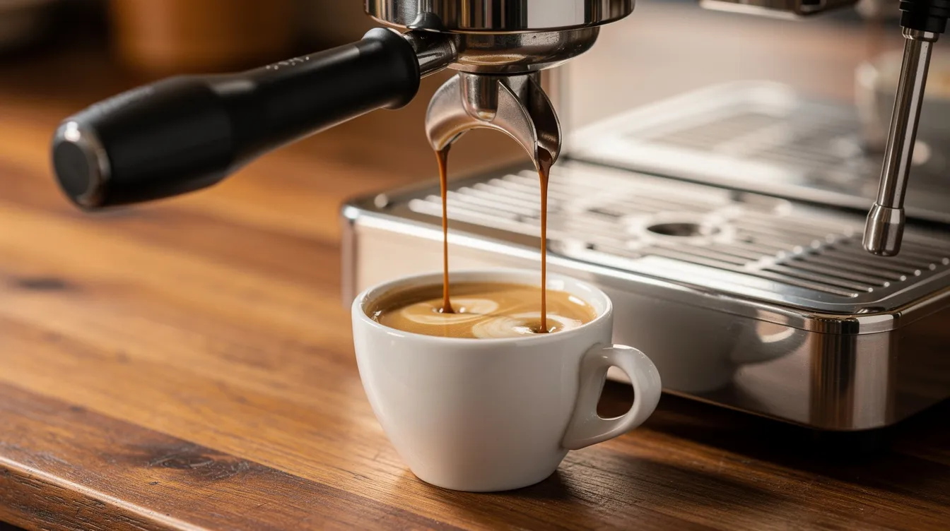 An espresso machine is expertly pulling a double shot of rich, dark espresso into a white espresso cup, set against a warm wooden counter. This scene captures the essence of coffee culture, perfect for home baristas and coffee lovers alike.