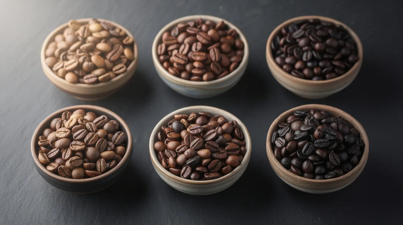 The image features several small ceramic bowls arranged on a dark slate surface, each filled with whole coffee beans of varying roast levels, showcasing the diversity of flavors and coffee tastes. This visual representation highlights the importance of selecting the right beans for brewing methods like French press coffee, which can influence the final cup's bitterness and aroma.