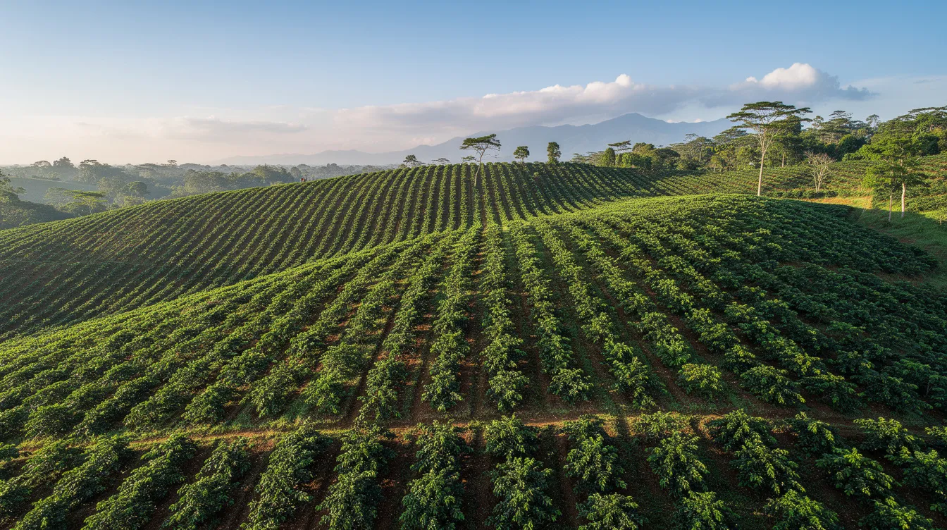 An aerial view of a vibrant green coffee plantation reveals neatly arranged rows of coffee plants stretching across rolling hills, all beneath a clear blue sky. This picturesque landscape highlights the lush environment ideal for producing high-quality Brazilian coffee beans, particularly Arabica, known for their rich flavor and balanced acidity.
