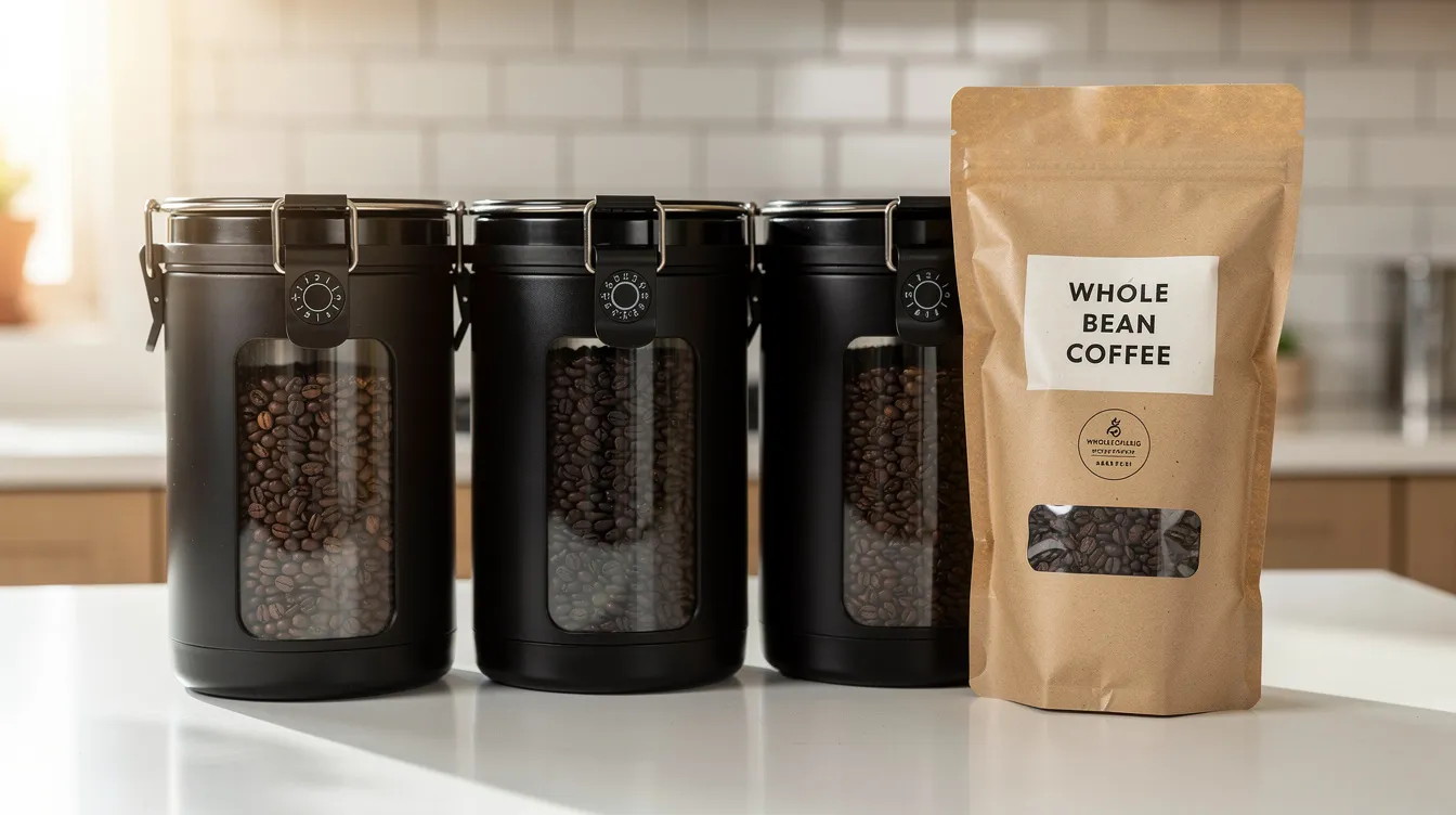 The image features airtight coffee storage canisters neatly arranged on a kitchen counter, alongside a bag of whole bean coffee, suggesting a setup for coffee lovers to enjoy freshly roasted coffee at home. This scene highlights the importance of preserving flavor notes and freshness for an exceptional coffee experience.