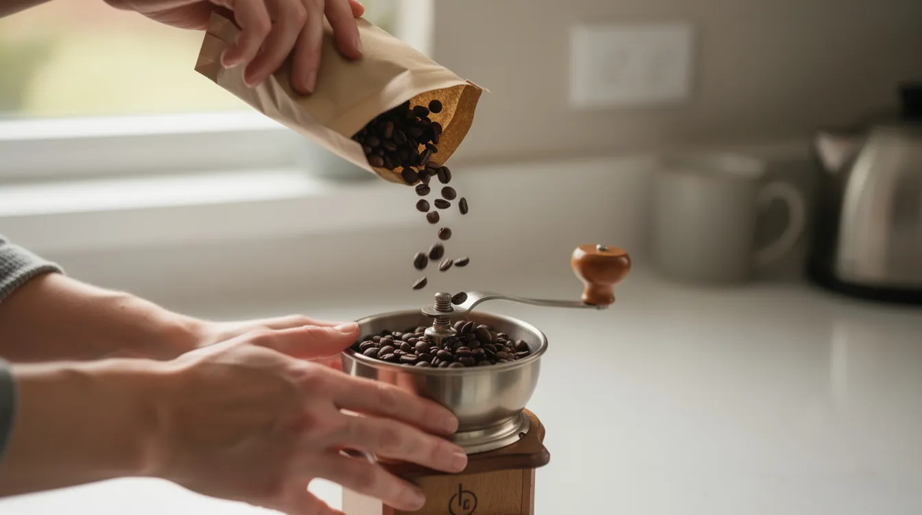 A person is pouring whole coffee beans from a small bag into a hand grinder on a kitchen counter, emphasizing the importance of using fresh coffee beans for the best flavor. The scene highlights the process of preparing roasted coffee beans for grinding, ensuring maximum freshness and a great cup of coffee.