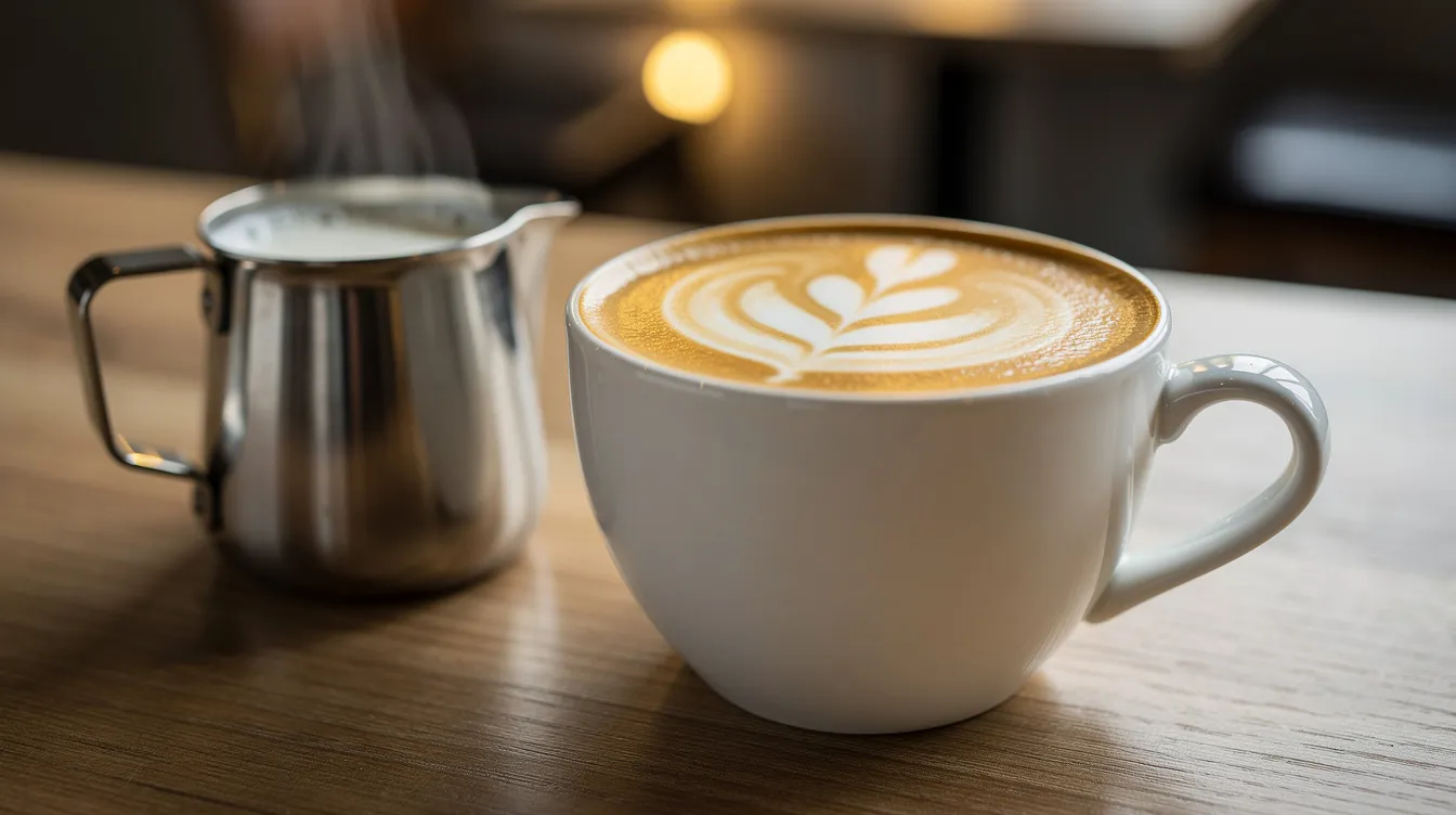 A white ceramic cup filled with a beautifully crafted latte featuring intricate latte art sits on a cafe counter, accompanied by a small pitcher of steamed milk, perfect for coffee lovers who appreciate the unique flavors of specialty coffee. This delicious cup showcases the artistry of espresso drinks, inviting patrons to enjoy a balanced cup made from either single origin coffee beans or a carefully created coffee blend.