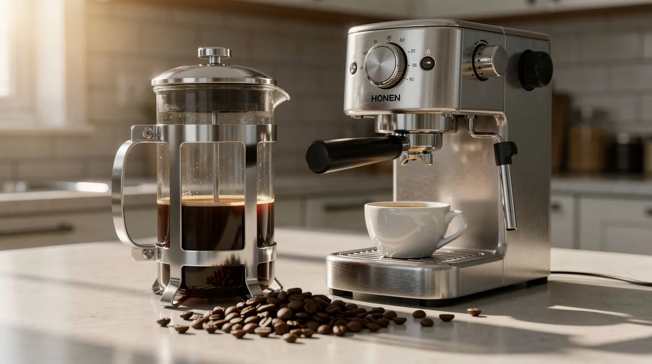 The image shows a French press and a small espresso machine positioned next to each other on a kitchen countertop, with coffee beans scattered around. This setup highlights the choice between whole bean coffee and pre-ground coffee, appealing to coffee lovers who appreciate different brewing methods for a flavorful coffee experience.