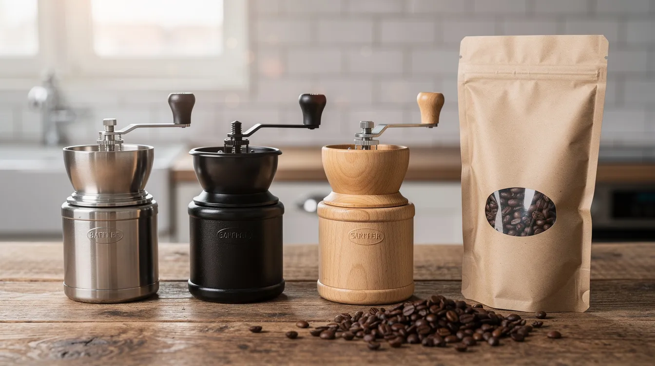 The image features several manual coffee grinders of varying sizes neatly arranged on a wooden kitchen counter, alongside a bag of whole coffee beans. These quality hand grinders are perfect for coffee lovers seeking exceptional grind consistency for their favorite brewing methods.