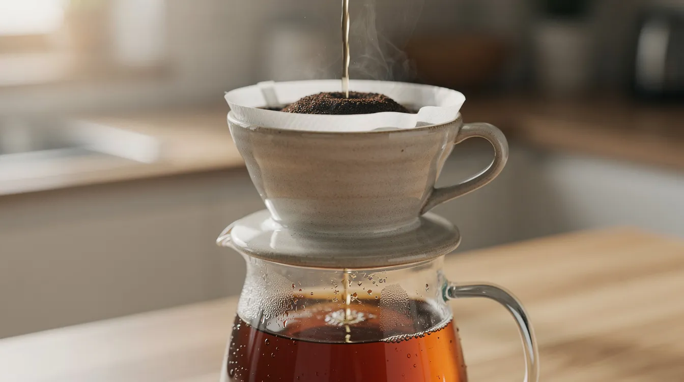 A ceramic pour-over dripper is positioned atop a glass carafe, with hot water flowing through freshly ground organic coffee beans, showcasing the brewing process of a rich cup of specialty coffee. This scene highlights the artistry of making a balanced flavor coffee using certified organic coffee, perfect for coffee lovers seeking the best organic coffee experience.